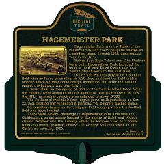 Packers Heritage Trail marker for Hagemeister Park. 