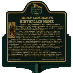 Packers Heritage Trail trail markers for Curly Lambeau's Birthplace home. 