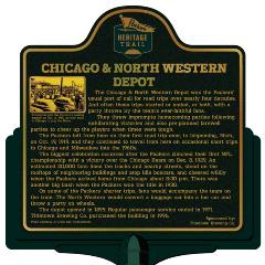 Packers Heritage Trail marker for the Chicago & Northwestern depot