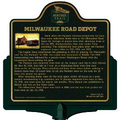 Packers Heritage Trail marker for the Milwaukee Road Depot. 